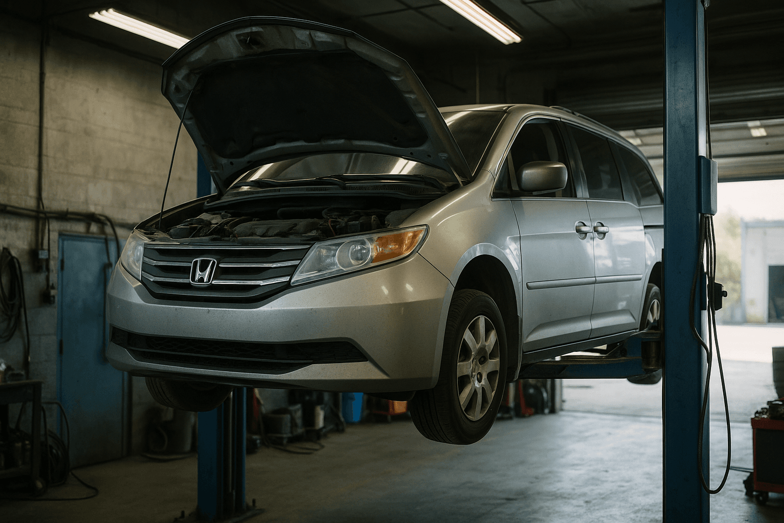 Technician inspecting a vehicle with the hood open